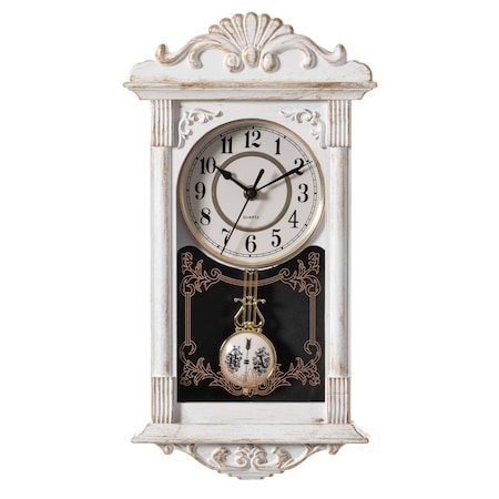 Quickway Imports Vintage Grandfather Wood- Looking Plastic Pendulum Wall Clock for Living, Kitchen, or Dining, White QI004145.WT